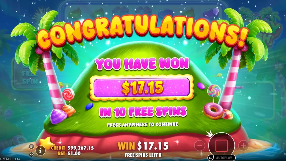 Tampilan visual cerah dan penuh warna dari slot Candy Rush dengan latar belakang dunia permen.
