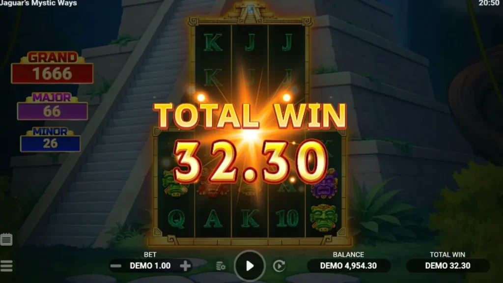 Pemandangan hutan kuno dan kuil emas dalam permainan slot Jaguar’s Mystic Ways