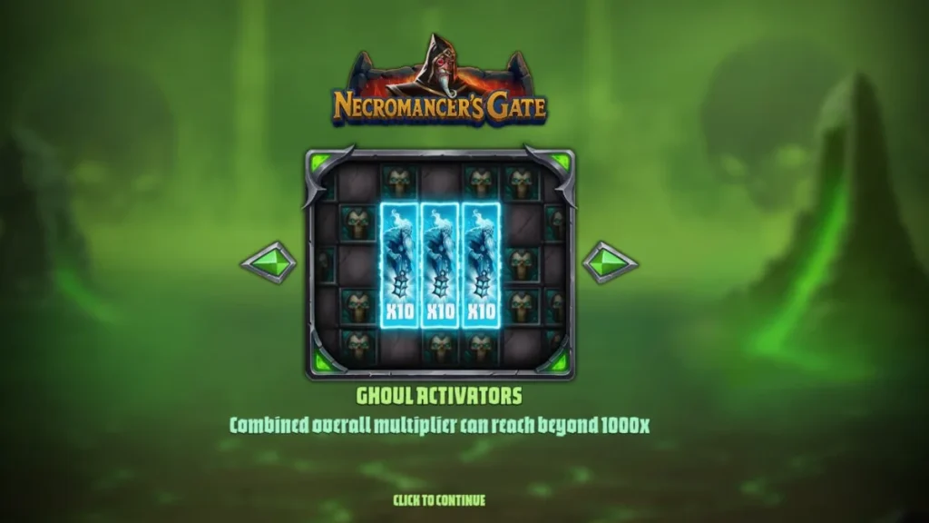 Tampilan visual slot Necromancer’s Gate dengan tema horor gotik dan tengkorak neon.