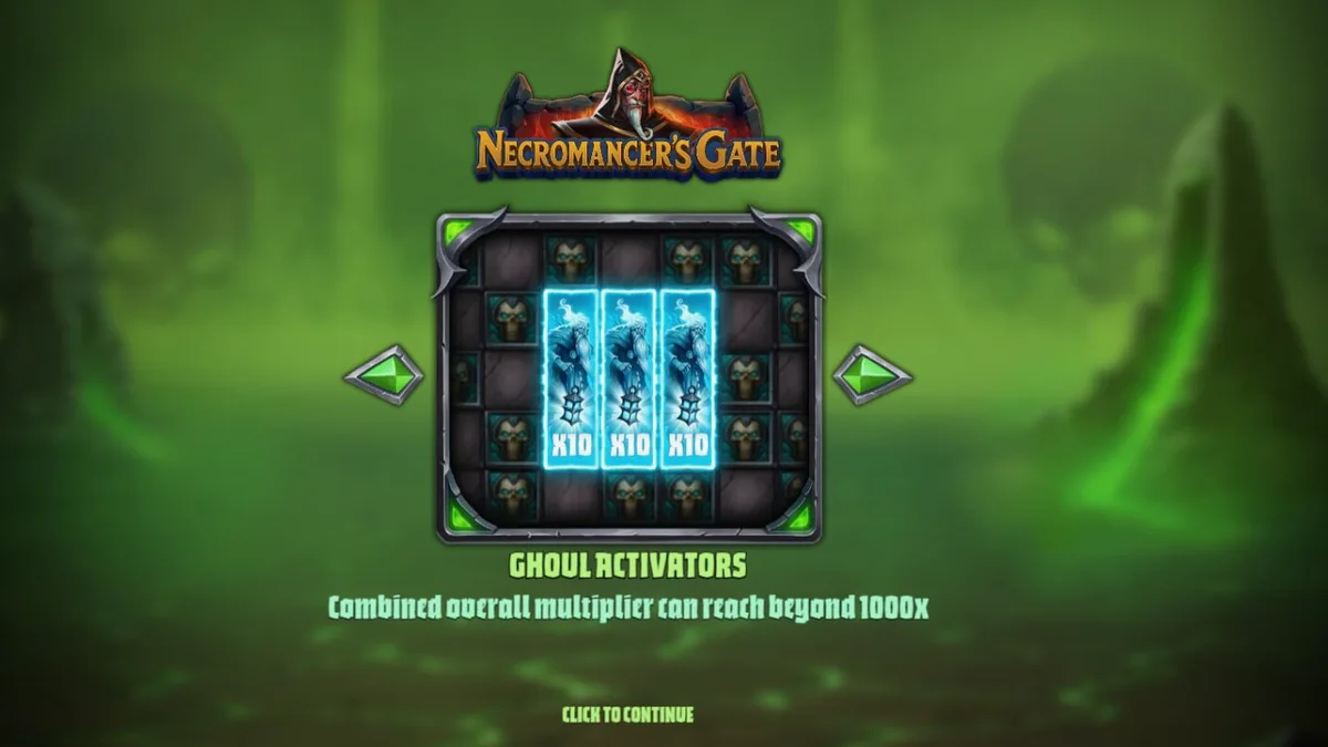 Tampilan visual slot Necromancer’s Gate dengan tema horor gotik dan tengkorak neon.