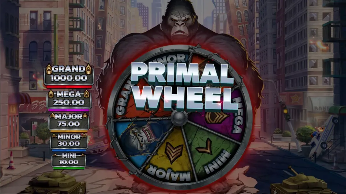 Visual kera raksasa dalam slot Primal Rampage dengan latar belakang hutan tropis dan reruntuhan kuno.