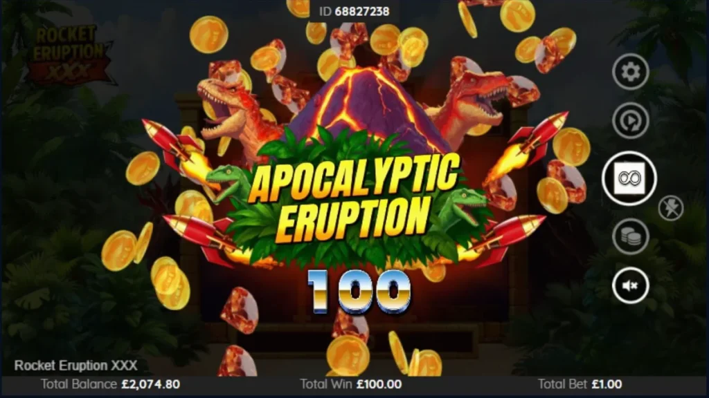 Tampilan visual slot Rocket Eruption XXX dengan tema gunung berapi dan roket.