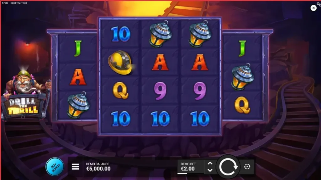 Tampilan visual slot Drill the Thrill dengan latar belakang tambang emas